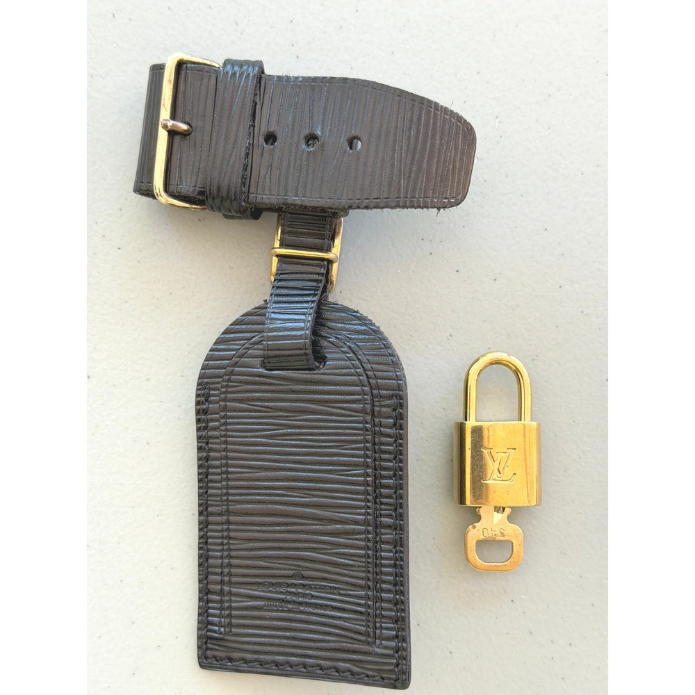 Louis Vuitton LV Epi Leather Luggage Tag Black + Brass Lock & Key Set #320